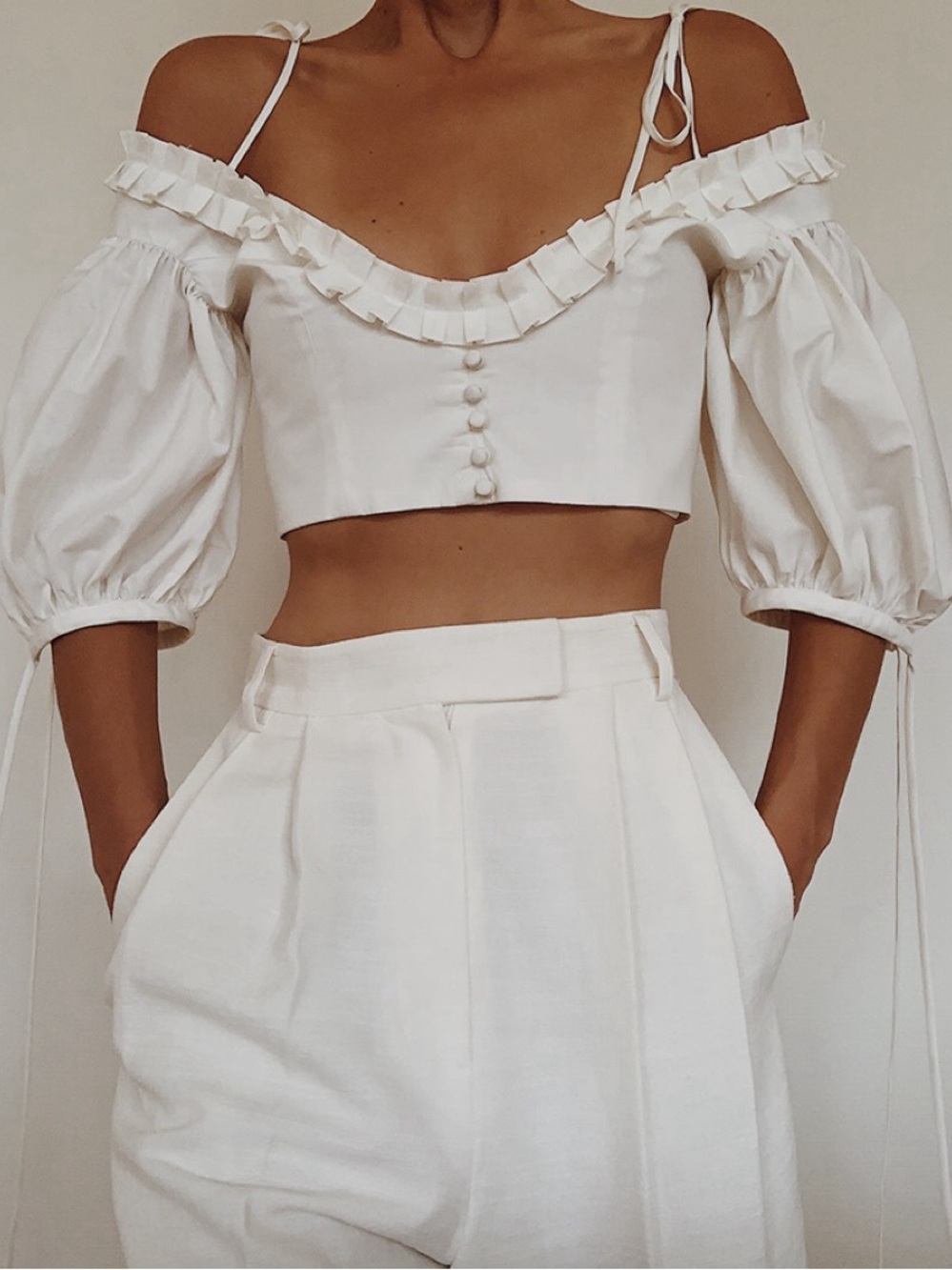 Orseund Iris White Off-Shoulder Ruffle Cotton Poplin Crop Top